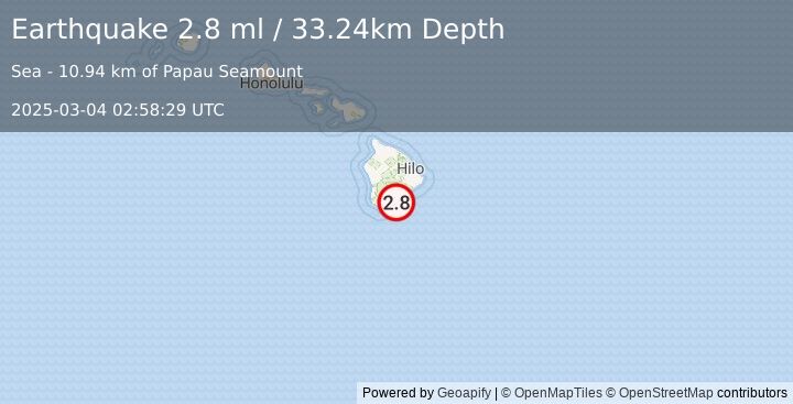 Earthquake 19 km SE of Pāhala, Hawaii (2.8 ml) (2025-03-04 02:58:29 UTC)