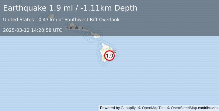 Earthquake 7 km WSW of Volcano, Hawaii (1.9 ml) (2025-03-12 14:20:58 UTC)