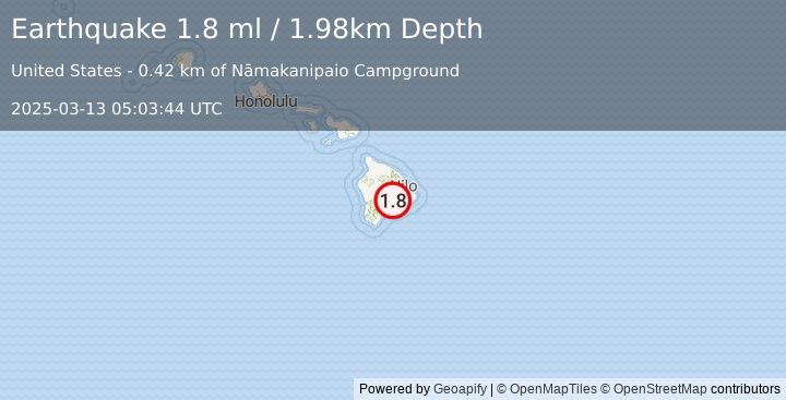 Earthquake 6 km WSW of Volcano, Hawaii (1.8 ml) (2025-03-13 05:03:44 UTC)