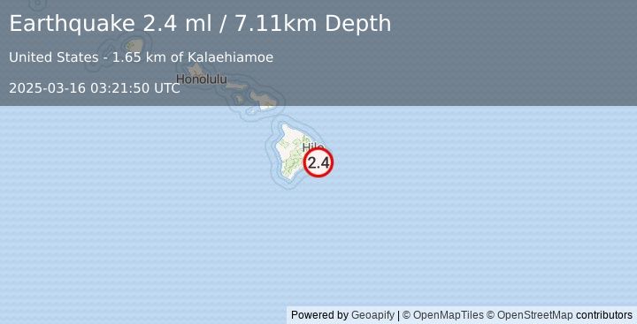 Earthquake 12 km SSW of Leilani Estates, Hawaii (2.4 ml) (2025-03-16 03:21:50 UTC)