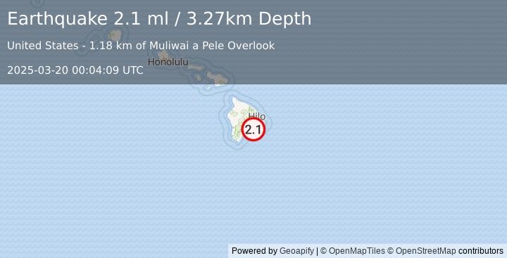 Earthquake 13 km SSE of Volcano, Hawaii (2.1 ml) (2025-03-20 00:04:09 UTC)