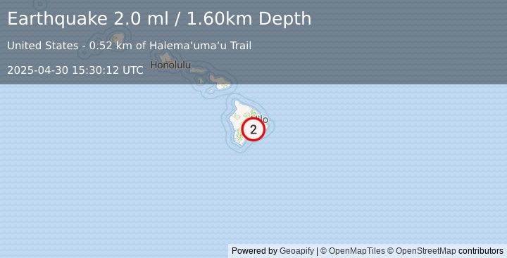Earthquake 4 km SW of Volcano, Hawaii (2.0 ml) (2025-04-30 15:30:12 UTC)