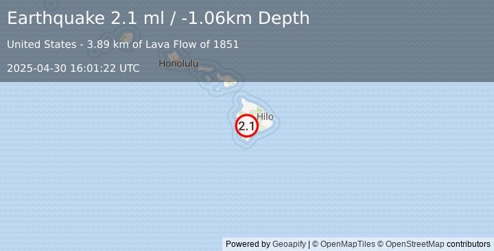 Earthquake 22 km E of Honaunau-Napoopoo, Hawaii (2.1 ml) (2025-04-30 16:01:22 UTC)