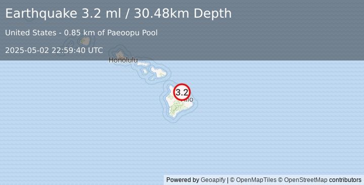Earthquake 6 km WSW of Laupāhoehoe, Hawaii (3.2 ml) (2025-05-02 22:59:40 UTC)