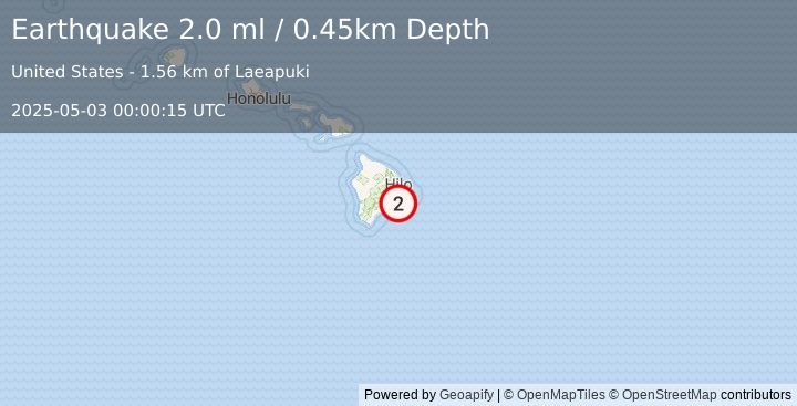 Earthquake 14 km SSE of Fern Forest, Hawaii (2.0 ml) (2025-05-03 00:00:15 UTC)