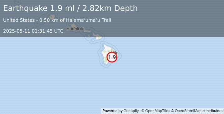 Earthquake 3 km SW of Volcano, Hawaii (1.9 ml) (2025-05-11 01:31:45 UTC)