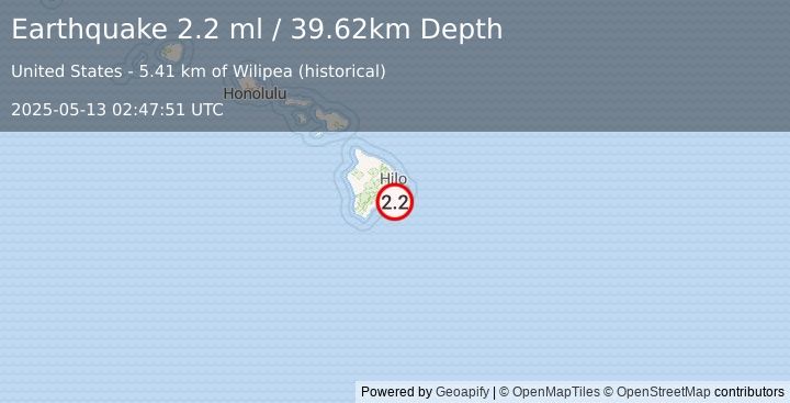 Earthquake 23 km SSE of Fern Forest, Hawaii (2.2 ml) (2025-05-13 02:47:51 UTC)