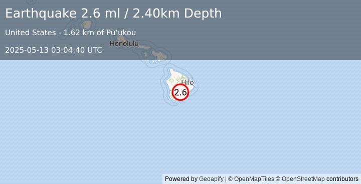 Earthquake 14 km NE of Pāhala, Hawaii (2.6 ml) (2025-05-13 03:04:40 UTC)