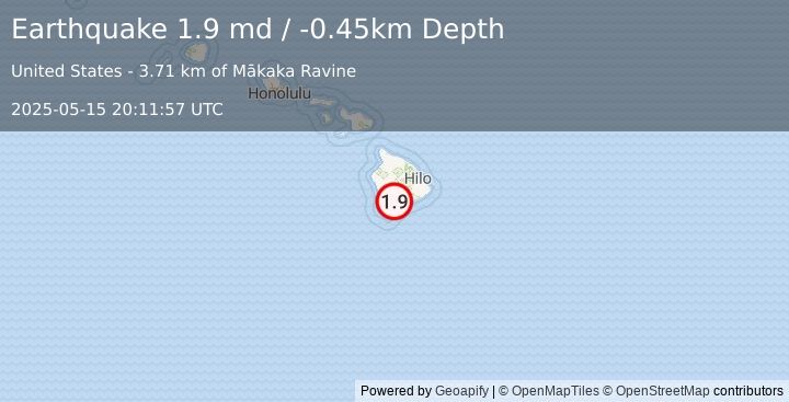 Earthquake 10 km NW of Pāhala, Hawaii (1.9 md) (2025-05-15 20:11:57 UTC)