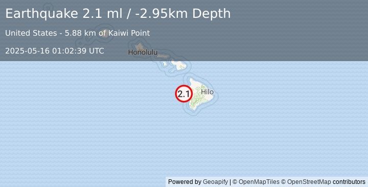 Earthquake 8 km W of Kailua-Kona, Hawaii (2.1 ml) (2025-05-16 01:02:39 UTC)