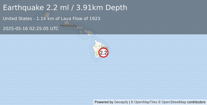 Earthquake 11 km SSE of Volcano, Hawaii (2.2 ml) (2025-05-16 02:25:05 UTC)
