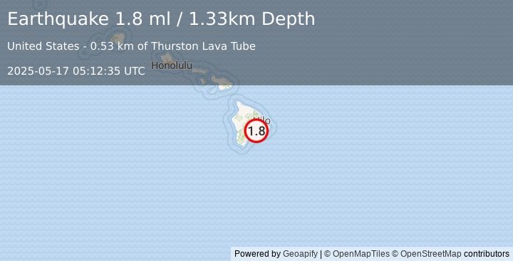 Earthquake 3 km S of Volcano, Hawaii (1.8 ml) (2025-05-17 05:12:35 UTC)