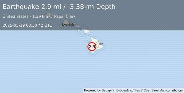Earthquake 12 km ENE of Honaunau-Napoopoo, Hawaii (2.9 ml) (2025-05-19 08:30:42 UTC)