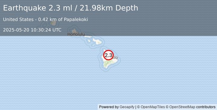 Earthquake 22 km SSW of Pa‘auilo, Hawaii (2.3 ml) (2025-05-20 10:30:24 UTC)