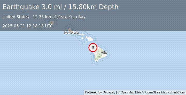 Earthquake 22 km NW of Puako, Hawaii (3.0 ml) (2025-05-21 12:18:18 UTC)