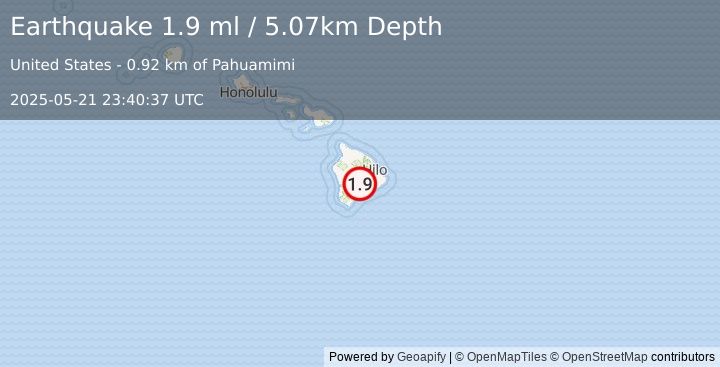 Earthquake 17 km W of Volcano, Hawaii (1.9 ml) (2025-05-21 23:40:37 UTC)