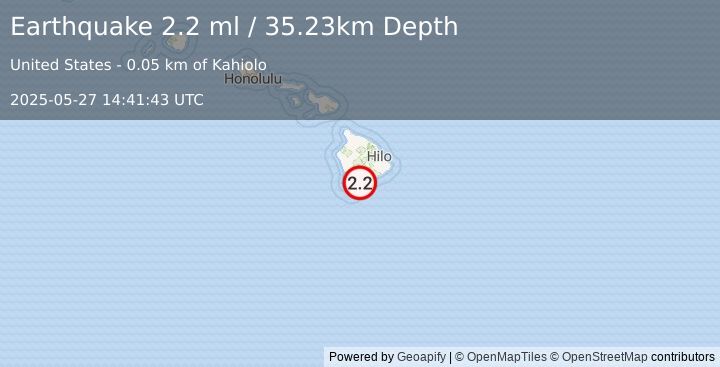 Earthquake 7 km SSW of Pāhala, Hawaii (2.2 ml) (2025-05-27 14:41:43 UTC)