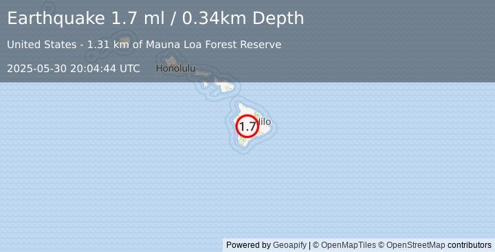 Earthquake 34 km ENE of Honaunau-Napoopoo, Hawaii (1.7 ml) (2025-05-30 20:04:44 UTC)