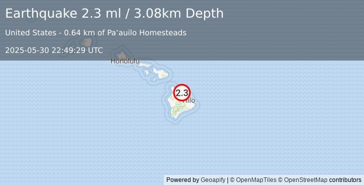 Earthquake 3 km SSW of Pa‘auilo, Hawaii (2.3 ml) (2025-05-30 22:49:29 UTC)