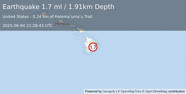 Earthquake 4 km WSW of Volcano, Hawaii (1.7 ml) (2025-06-04 21:28:43 UTC)