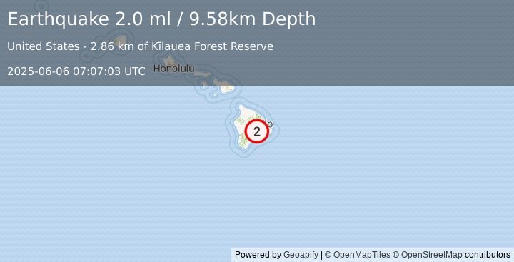 Earthquake 7 km NW of Volcano, Hawaii (2.0 ml) (2025-06-06 07:07:03 UTC)