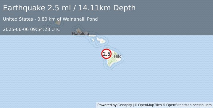 Earthquake 15 km SSW of Puako, Hawaii (2.5 ml) (2025-06-06 09:54:28 UTC)