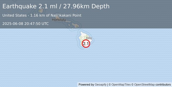 Earthquake 13 km E of Pāhala, Hawaii (2.1 ml) (2025-06-08 20:47:50 UTC)