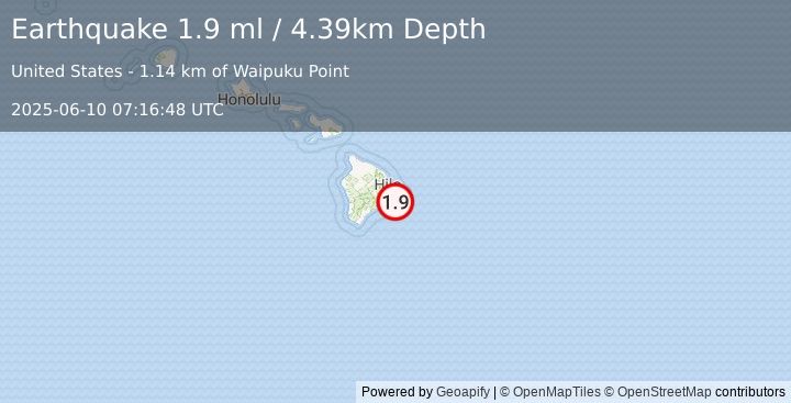 Earthquake 9 km S of Leilani Estates, Hawaii (1.9 ml) (2025-06-10 07:16:48 UTC)