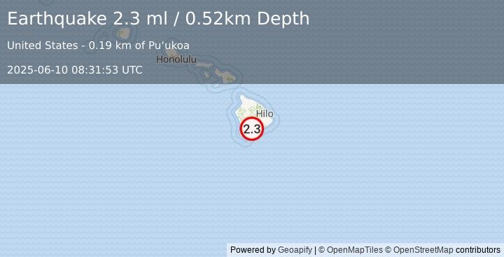 Earthquake 6 km N of Pāhala, Hawaii (2.3 ml) (2025-06-10 08:31:53 UTC)
