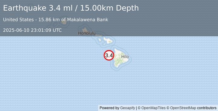 Earthquake 27 km W of Kalaoa, Hawaii (3.4 ml) (2025-06-10 23:01:09 UTC)
