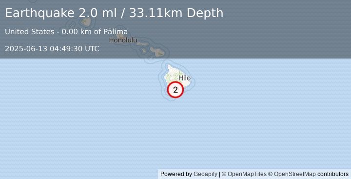 Earthquake 1 km WNW of Pāhala, Hawaii (2.0 ml) (2025-06-13 04:49:30 UTC)
