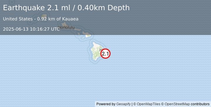 Earthquake 3 km SE of Leilani Estates, Hawaii (2.1 ml) (2025-06-13 10:16:27 UTC)