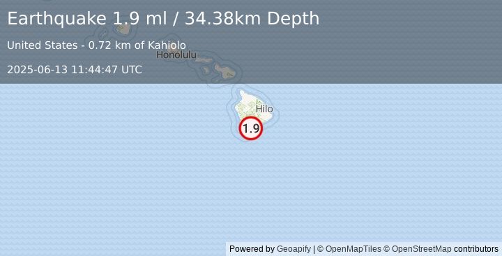 Earthquake 8 km SSW of Pāhala, Hawaii (1.9 ml) (2025-06-13 11:44:47 UTC)