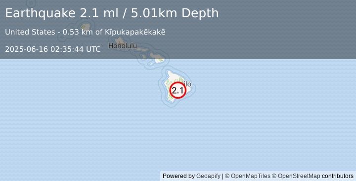 Earthquake 16 km W of Volcano, Hawaii (2.1 ml) (2025-06-16 02:35:44 UTC)
