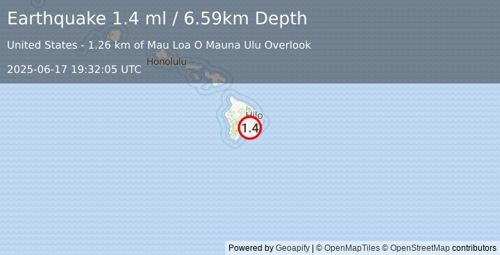 Earthquake 11 km SSE of Volcano, Hawaii (1.4 ml) (2025-06-17 19:32:05 UTC)