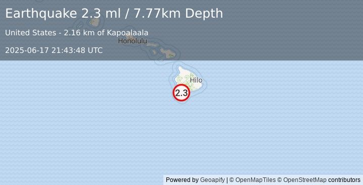 Earthquake 13 km NNE of Hawaiian Ocean View, Hawaii (2.3 ml) (2025-06-17 21:43:48 UTC)
