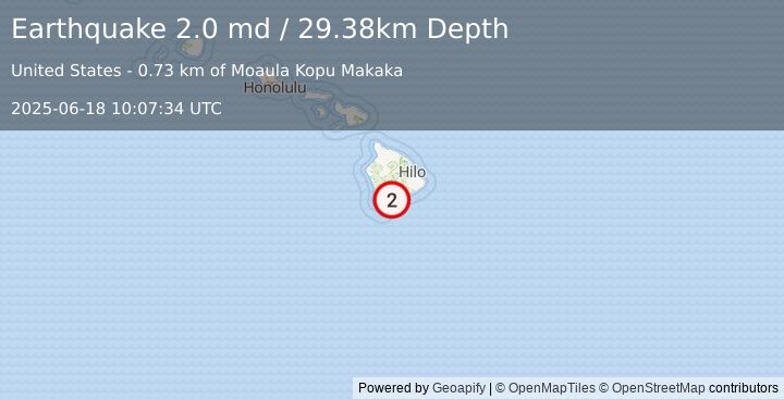 Earthquake 3 km SSW of Pāhala, Hawaii (2.0 md) (2025-06-18 10:07:34 UTC)