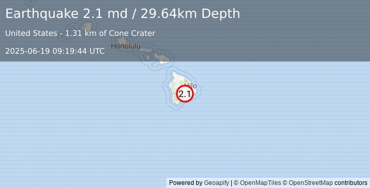 Earthquake 11 km SW of Volcano, Hawaii (2.1 md) (2025-06-19 09:19:44 UTC)