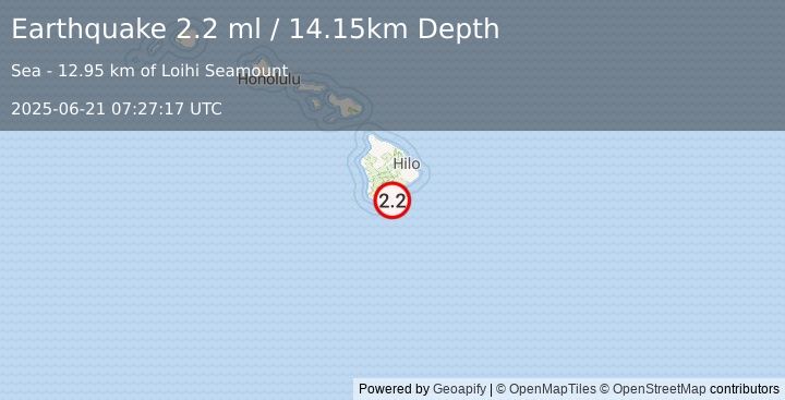Earthquake 23 km ESE of Naalehu, Hawaii (2.2 ml) (2025-06-21 07:27:17 UTC)