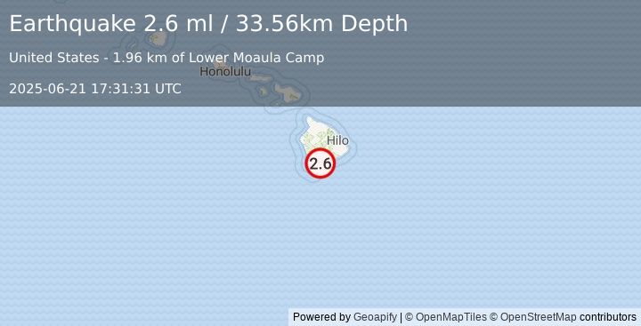 Earthquake 4 km SW of Pāhala, Hawaii (2.6 ml) (2025-06-21 17:31:31 UTC)