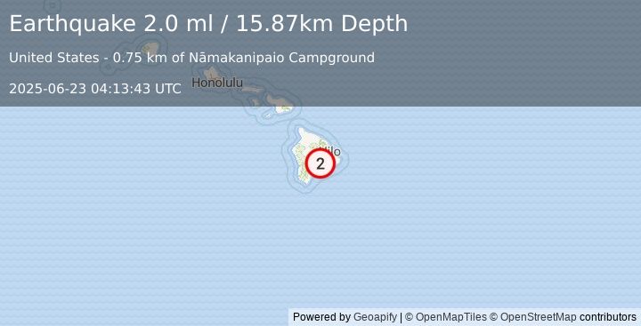 Earthquake 7 km W of Volcano, Hawaii (2.0 ml) (2025-06-23 04:13:43 UTC)