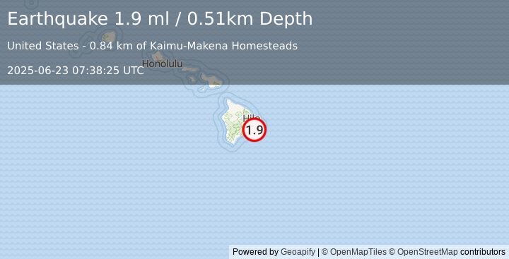 Earthquake 12 km SSW of Leilani Estates, Hawaii (1.9 ml) (2025-06-23 07:38:25 UTC)