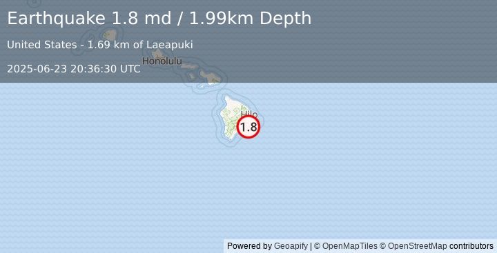 Earthquake 14 km SSE of Fern Forest, Hawaii (1.8 md) (2025-06-23 20:36:30 UTC)