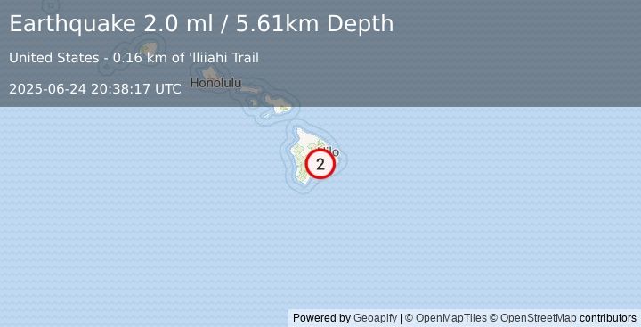 Earthquake 3 km WSW of Volcano, Hawaii (2.0 ml) (2025-06-24 20:38:17 UTC)