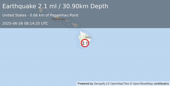 Earthquake 10 km E of Pāhala, Hawaii (2.1 ml) (2025-06-26 08:14:25 UTC)