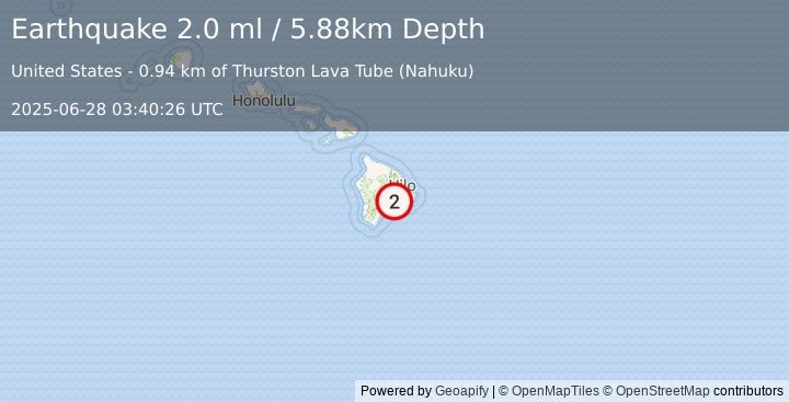 Earthquake 3 km S of Volcano, Hawaii (2.0 ml) (2025-06-28 03:40:26 UTC)
