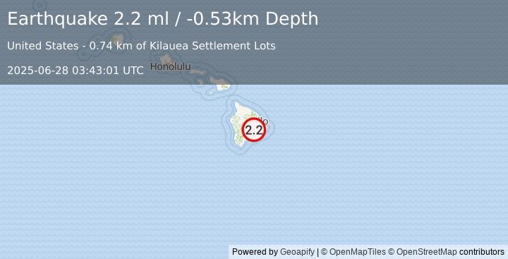 Earthquake 2 km NW of Volcano, Hawaii (2.2 ml) (2025-06-28 03:43:01 UTC)
