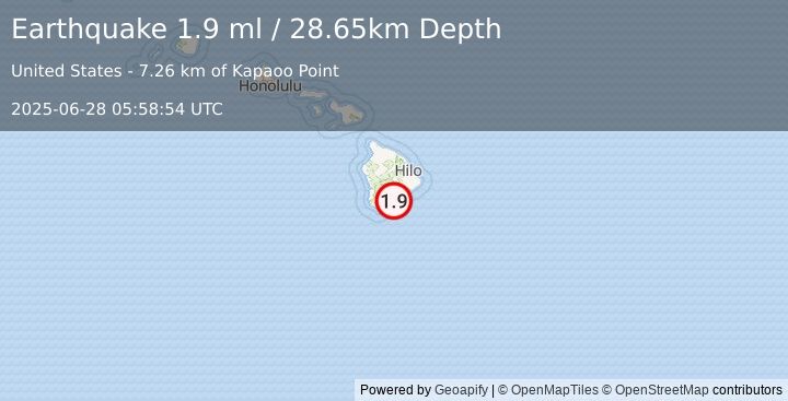 Earthquake 14 km SE of Pāhala, Hawaii (1.9 ml) (2025-06-28 05:58:54 UTC)