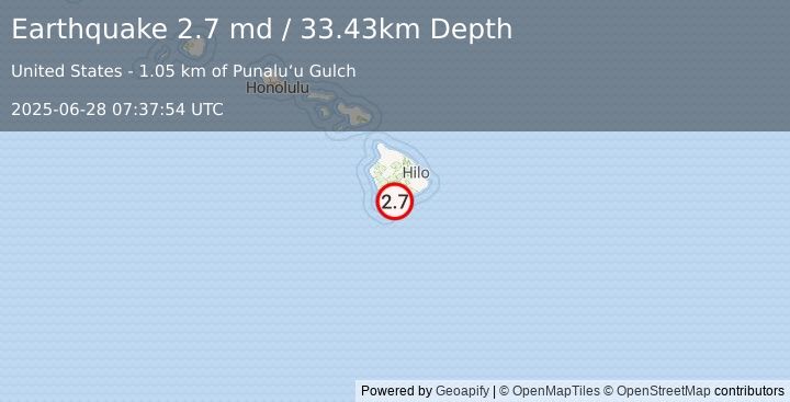 Earthquake 5 km SSW of Pāhala, Hawaii (2.7 md) (2025-06-28 07:37:54 UTC)