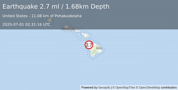 Earthquake 15 km W of Puako, Hawaii (2.7 ml) (2025-07-01 02:31:16 UTC)